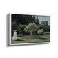 Angled view of Woman in the Garden, Sainte-Adresse, 1867 by Claude Monet in a white floater framed canvas.