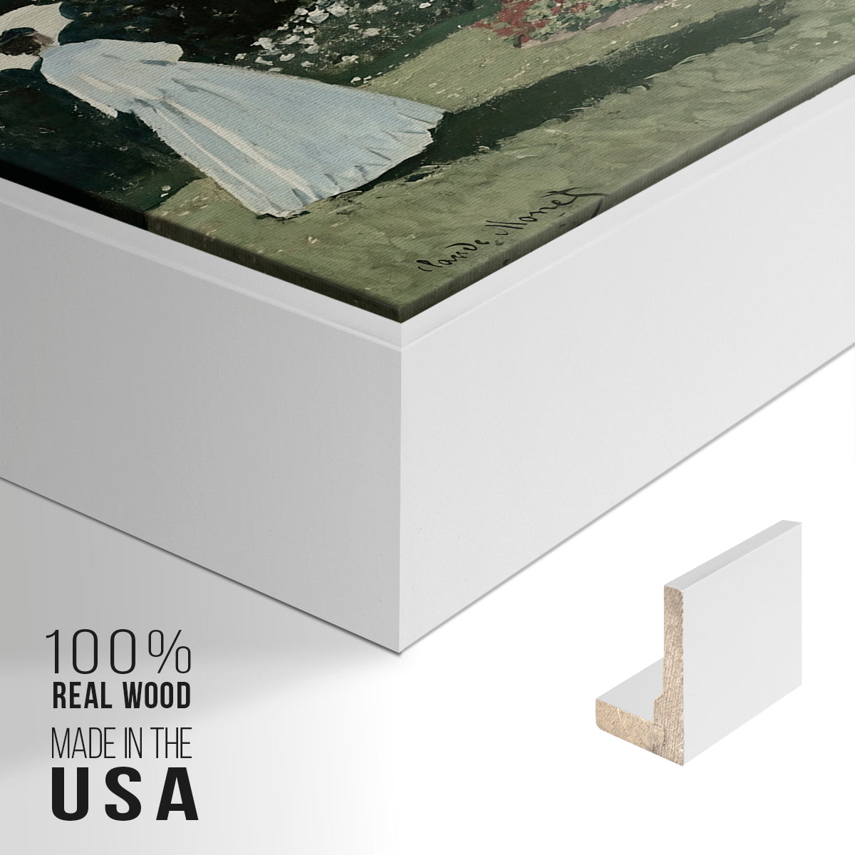 Close-up of the white floater frame corner and gallery wrapped canvas construction.