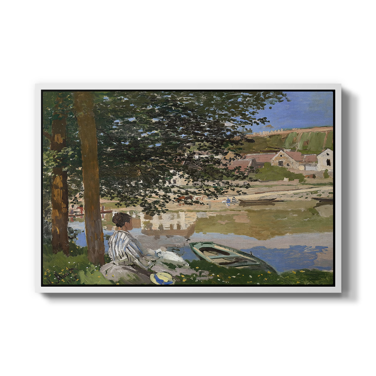 On the Bank of the Seine, Bennecourt, 1868 by Claude Monet in a white floater framed canvas wall art display.