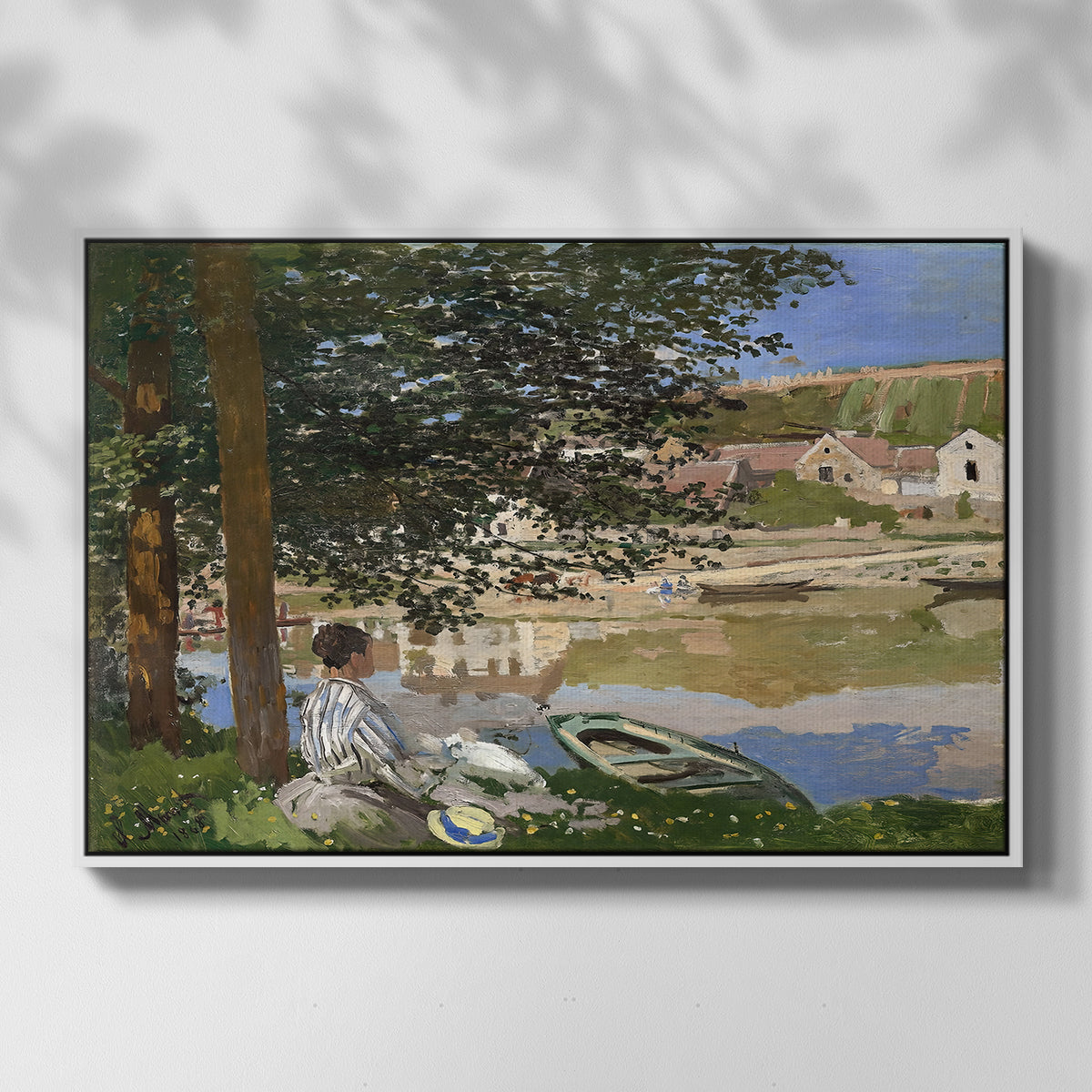 Front view of On the Bank of the Seine, Bennecourt, 1868 by Claude Monet in a white floater framed canvas.