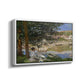 Angled view of On the Bank of the Seine, Bennecourt, 1868 by Claude Monet in a white floater framed canvas.