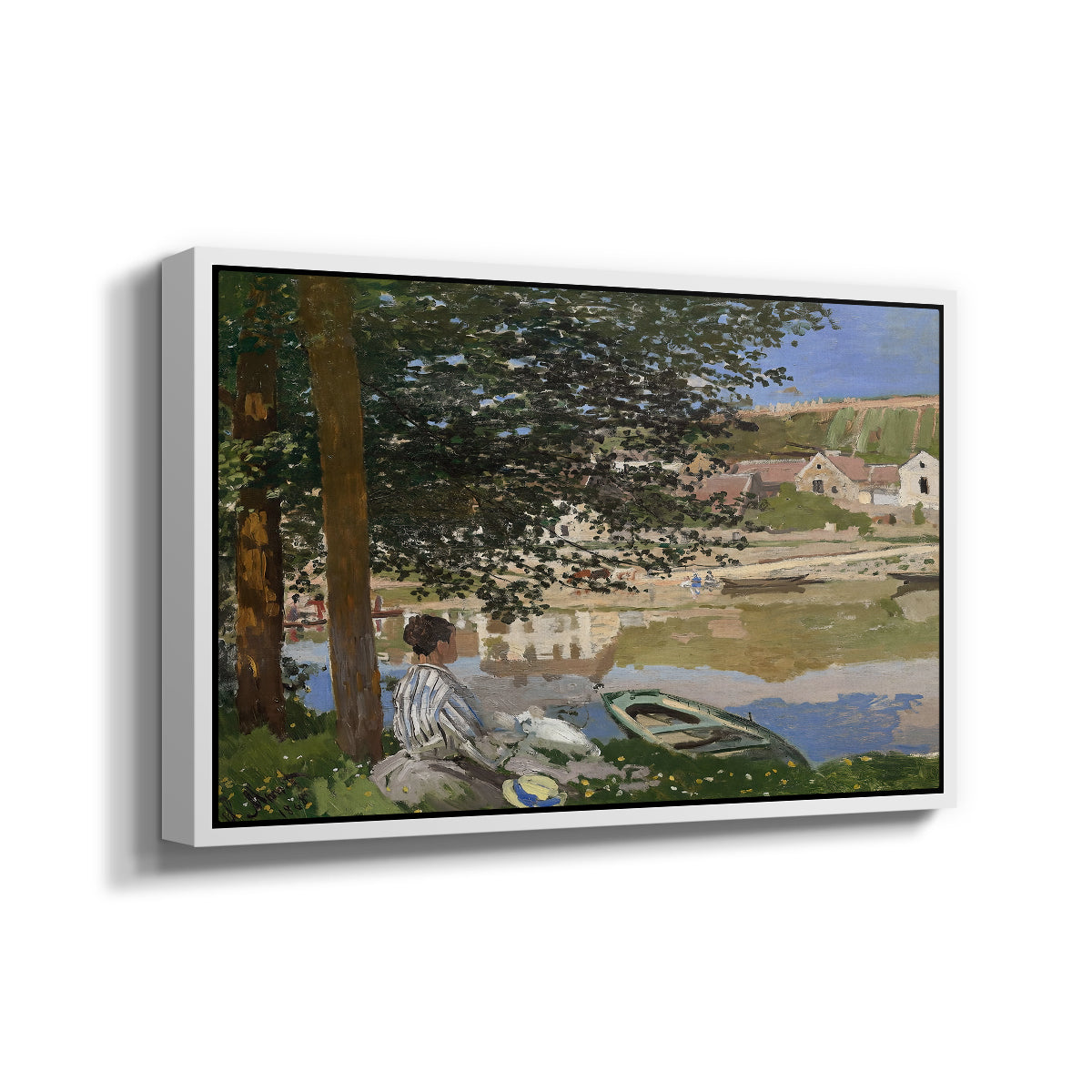 Angled view of On the Bank of the Seine, Bennecourt, 1868 by Claude Monet in a white floater framed canvas.