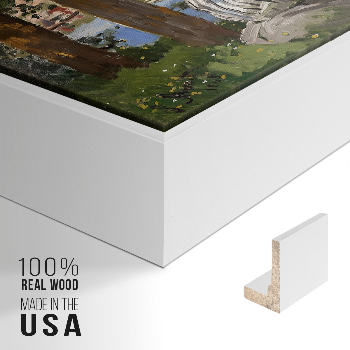 Close-up of the white floater frame corner and gallery wrapped canvas construction.