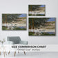 Size comparison chart for white floater framed canvas featuring On the Bank of the Seine, Bennecourt, 1868 by Claude Monet.