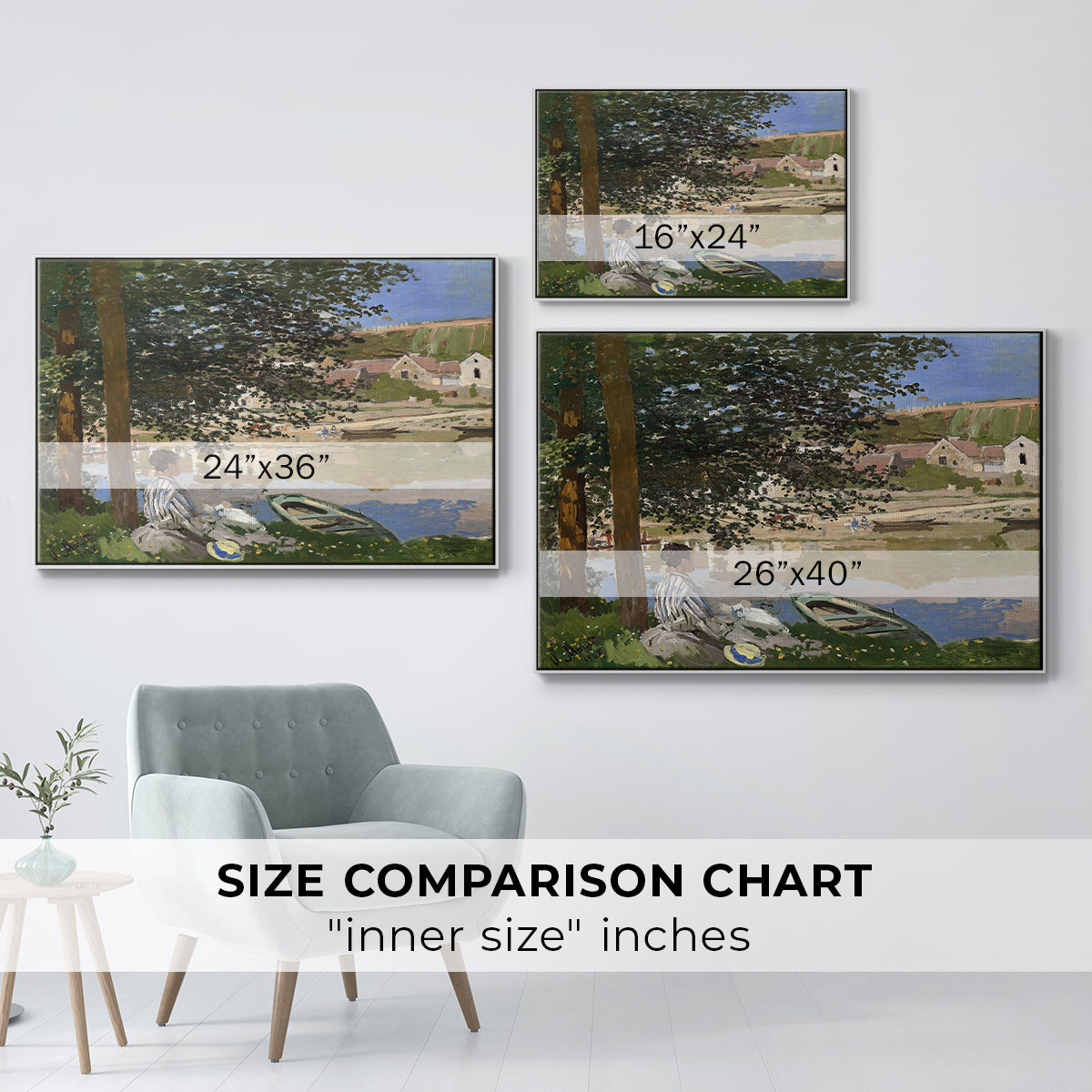 Size comparison chart for white floater framed canvas featuring On the Bank of the Seine, Bennecourt, 1868 by Claude Monet.