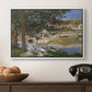 On the Bank of the Seine, Bennecourt, 1868 by Claude Monet in a white floater framed canvas displayed above a console table in a hallway, featuring a quiet outdoor setting with figures near river under foliage.