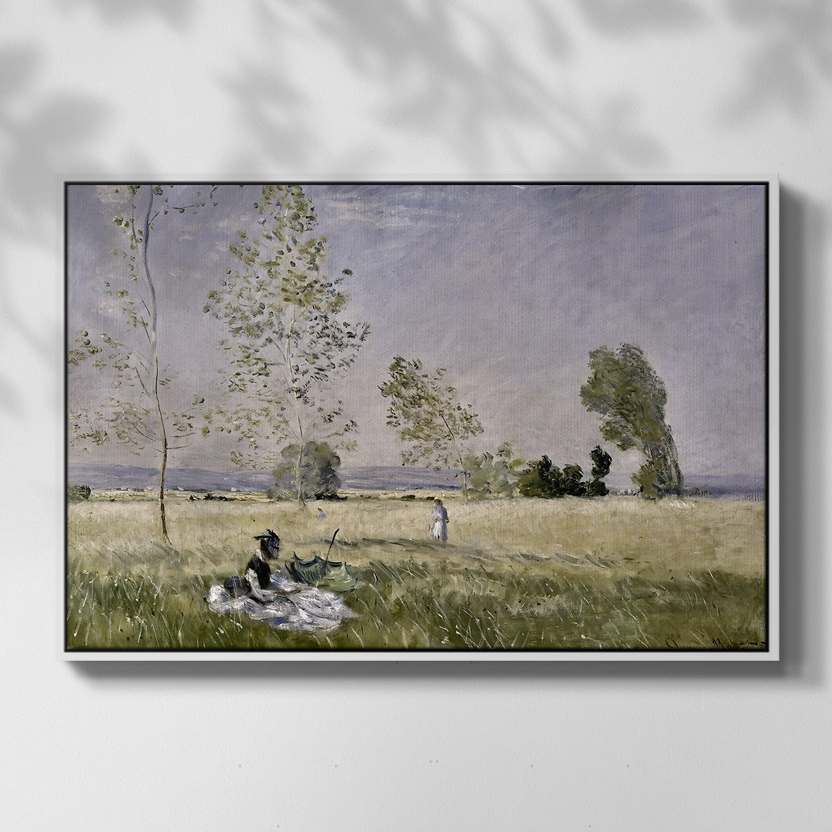 Front view of Summer (L'ete), 1874 by Claude Monet in a white floater framed canvas.
