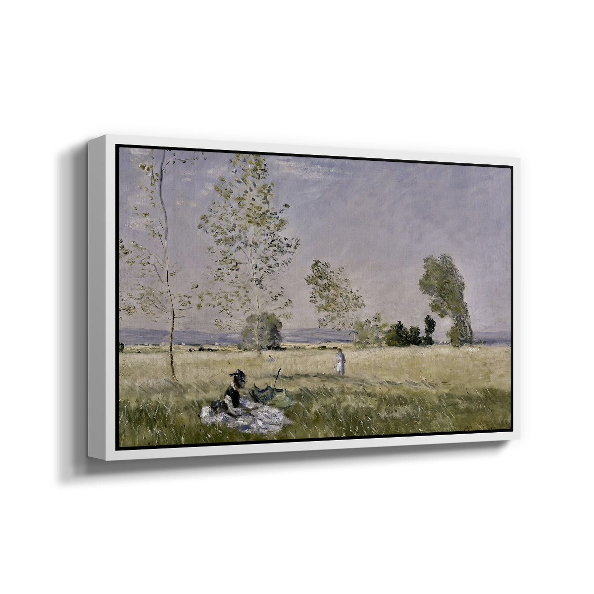 Angled view of Summer (L'ete), 1874 by Claude Monet in a white floater framed canvas.