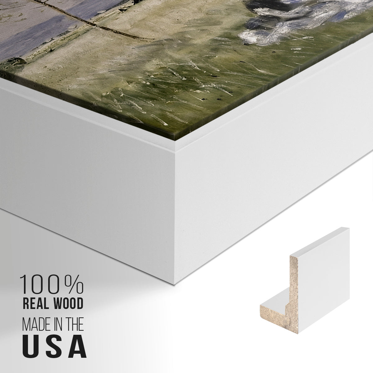 Close-up of the white floater frame corner and gallery wrapped canvas construction.