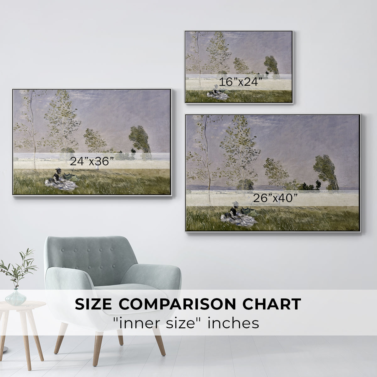 Size comparison chart for white floater framed canvas featuring Summer (L'ete), 1874 by Claude Monet.