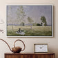 White floater framed canvas featuring a sunlit meadow with woman surrounded by greenery, displayed above a cabinet in a soft-toned living room.