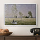 Summer (L'ete), 1874 by Claude Monet in a white floater framed canvas displayed above a console table in a hallway, featuring a tranquil summer landscape with lone figure in nature.