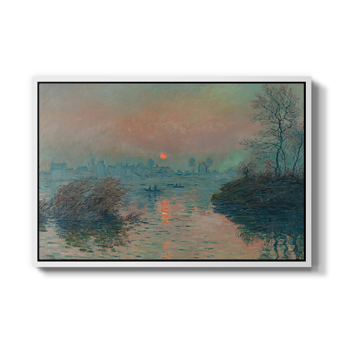 Sunset on the Seine at Lavacourt, Winter Effect, 1880 by Claude Monet in a white floater framed canvas wall art display.
