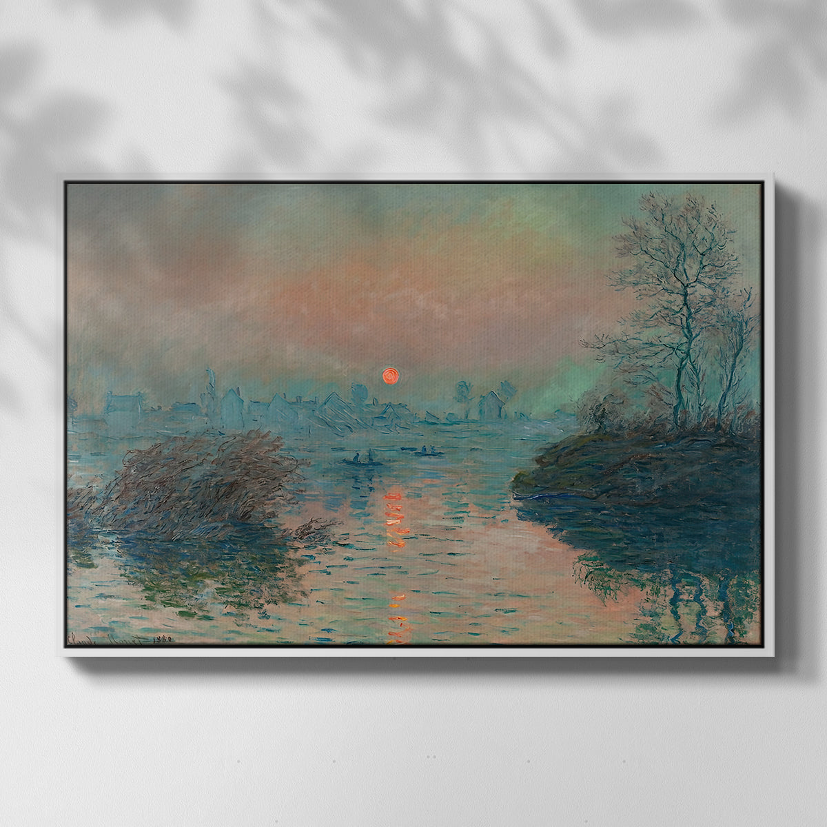 Front view of Sunset on the Seine at Lavacourt, Winter Effect, 1880 by Claude Monet in a white floater framed canvas.