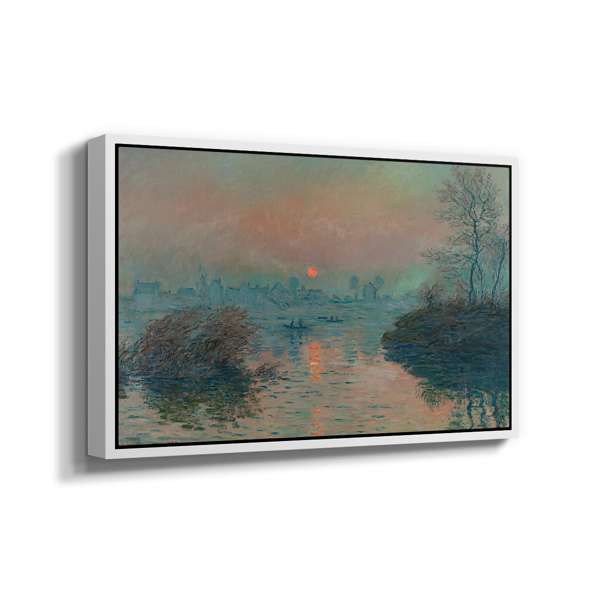 Angled view of Sunset on the Seine at Lavacourt, Winter Effect, 1880 by Claude Monet in a white floater framed canvas.