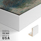 Close-up of the white floater frame corner and gallery wrapped canvas construction.