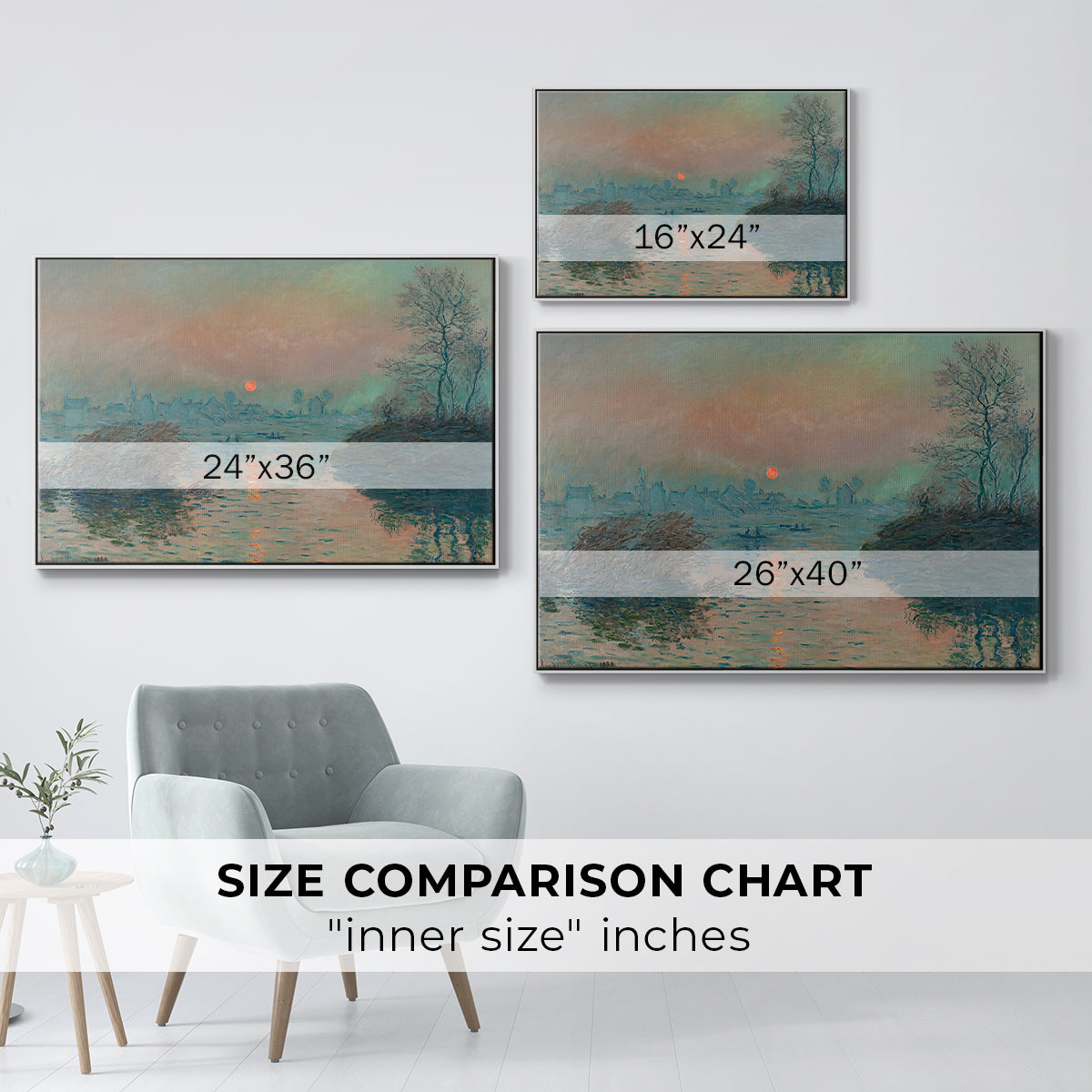 Size comparison chart for white floater framed canvas featuring Sunset on the Seine at Lavacourt, Winter Effect, 1880 by Claude Monet.