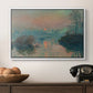 Sunset on the Seine at Lavacourt, Winter Effect, 1880 by Claude Monet in a white floater framed canvas displayed above a console table in a hallway, featuring an atmospheric landscape combining cold tones and warm sky.
