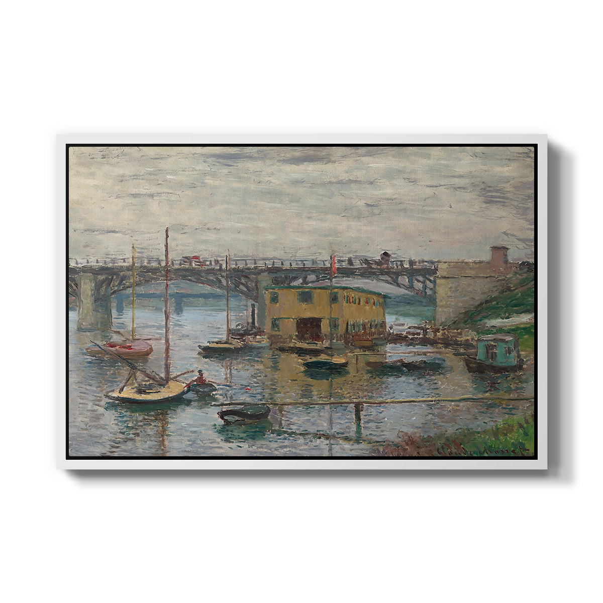 Bridge at Argenteuil on a Gray Day, c. 1876 by Claude Monet in a white floater framed canvas wall art display.
