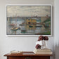 White floater framed canvas featuring Bridge at Argenteuil on a Gray Day, c. 1876 by Claude Monet above an entryway table in a minimalist foyer.
