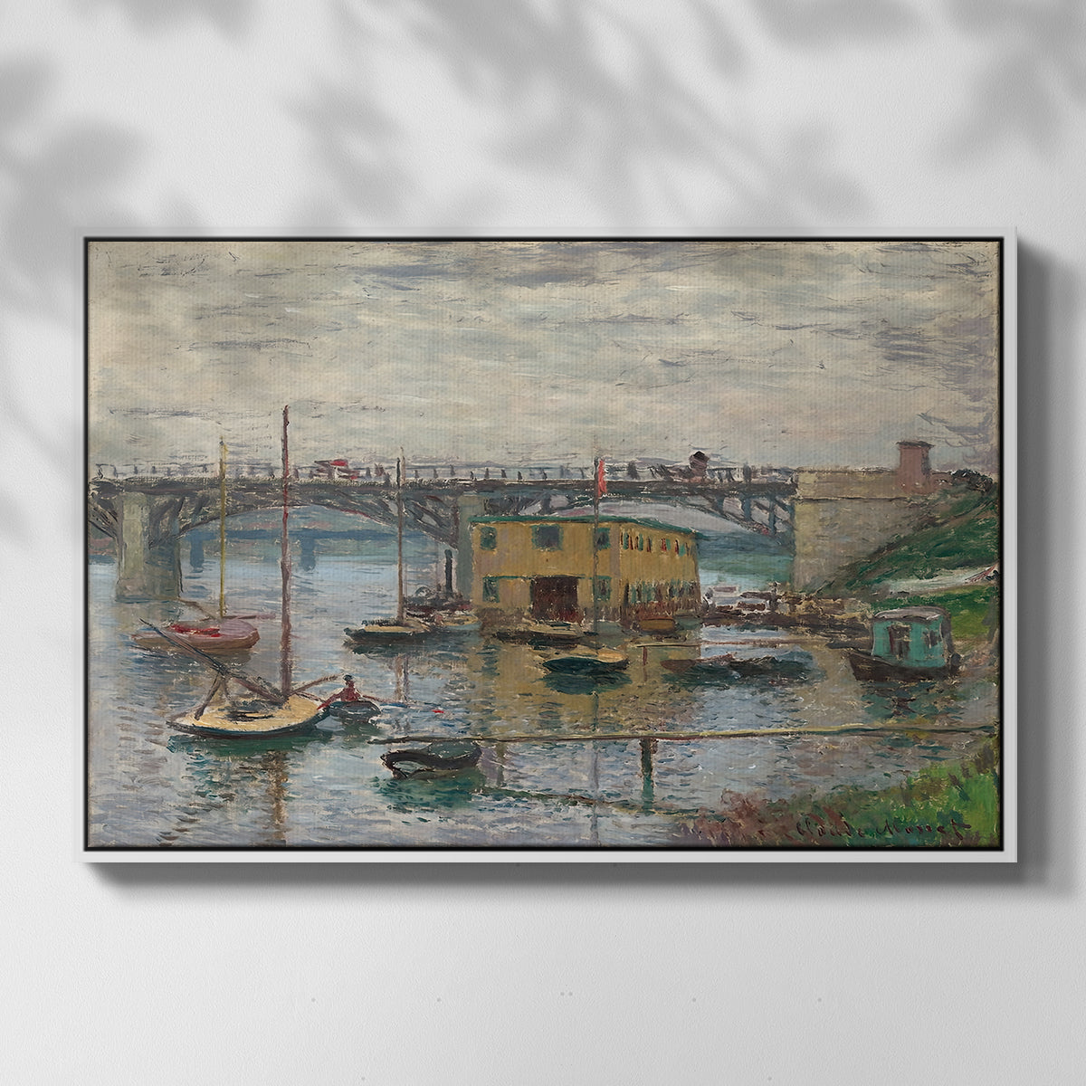 Front view of Bridge at Argenteuil on a Gray Day, c. 1876 by Claude Monet in a white floater framed canvas.