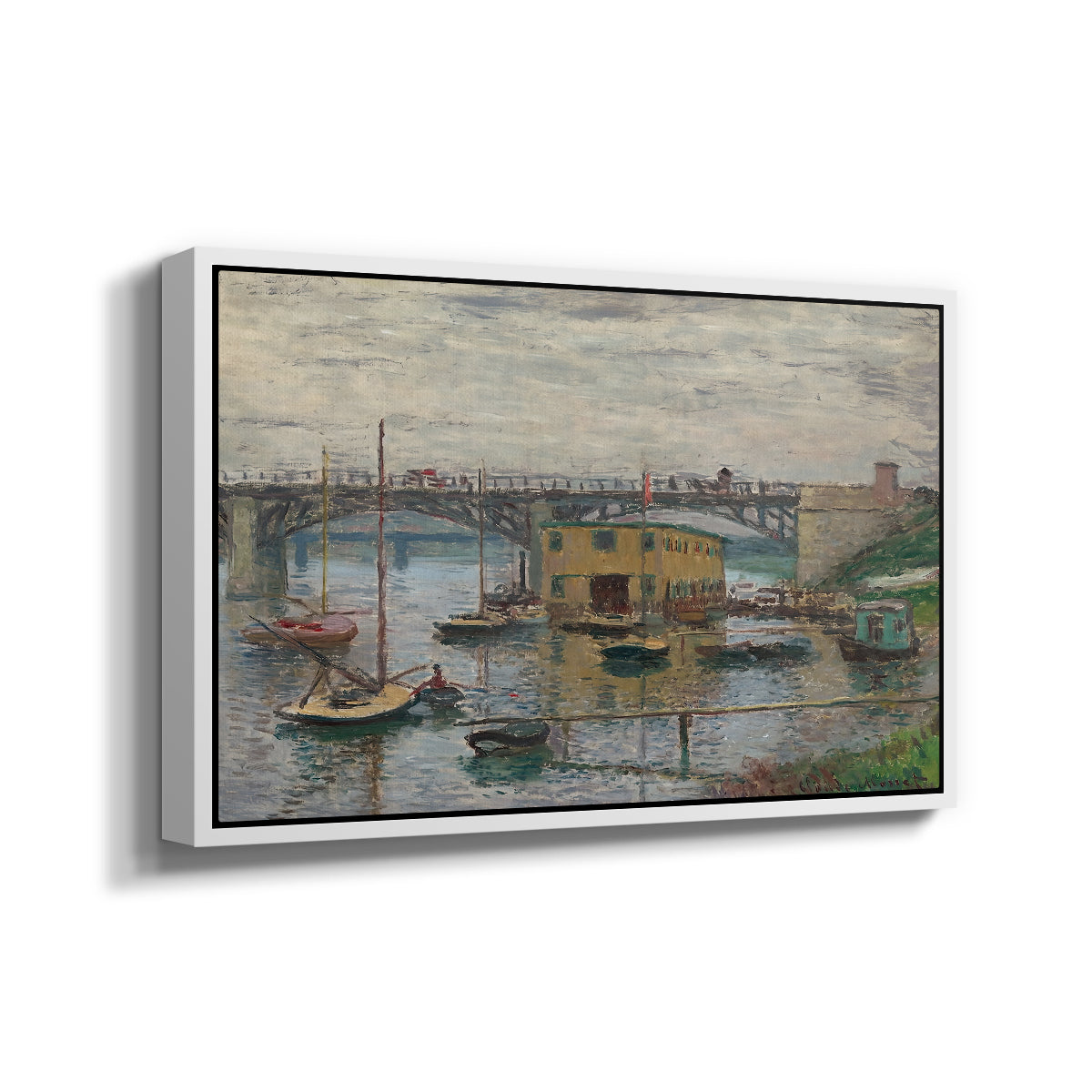 Angled view of Bridge at Argenteuil on a Gray Day, c. 1876 by Claude Monet in a white floater framed canvas.
