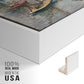 Close-up of the white floater frame corner and gallery wrapped canvas construction.