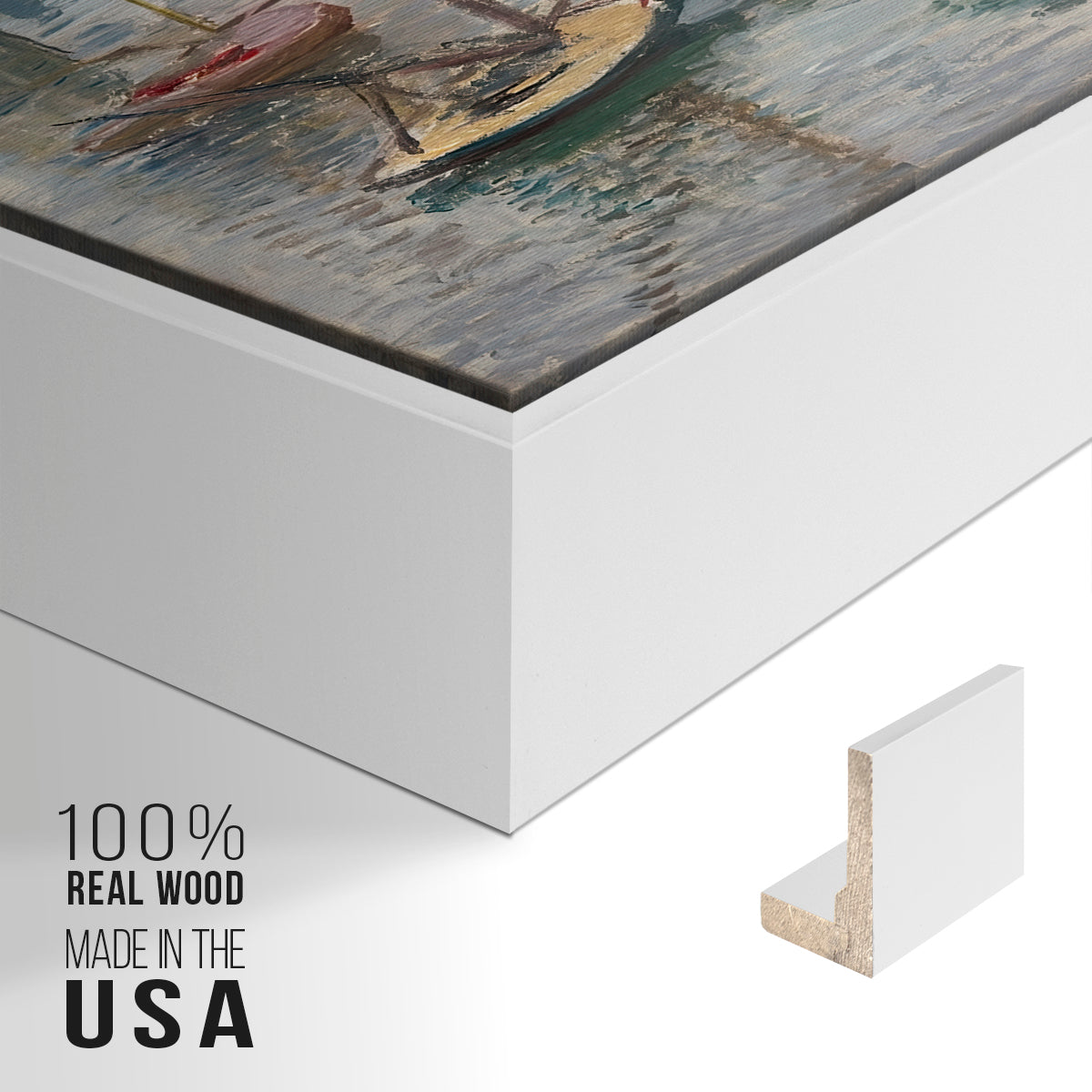 Close-up of the white floater frame corner and gallery wrapped canvas construction.