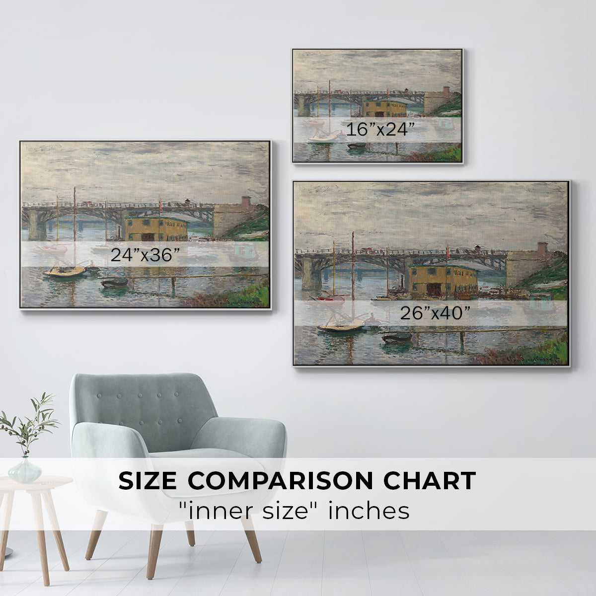 Size comparison chart for white floater framed canvas featuring Bridge at Argenteuil on a Gray Day, c. 1876 by Claude Monet.