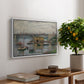 Bridge at Argenteuil on a Gray Day, c. 1876 by Claude Monet, presented in a white floater framed canvas featuring a bridge crossing river under gray sky with muted reflections, displayed above a hallway console table.