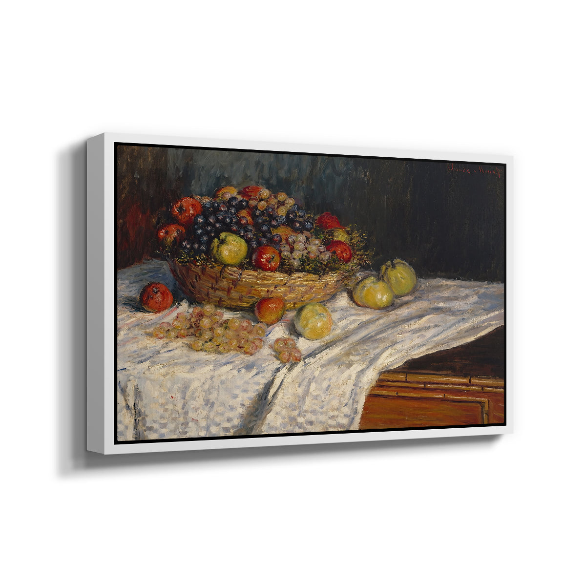 Angled view of Still Life with Apples and Grapes, 1880 by Claude Monet in a white floater framed canvas.