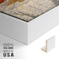 Close-up of the white floater frame corner and gallery wrapped canvas construction.