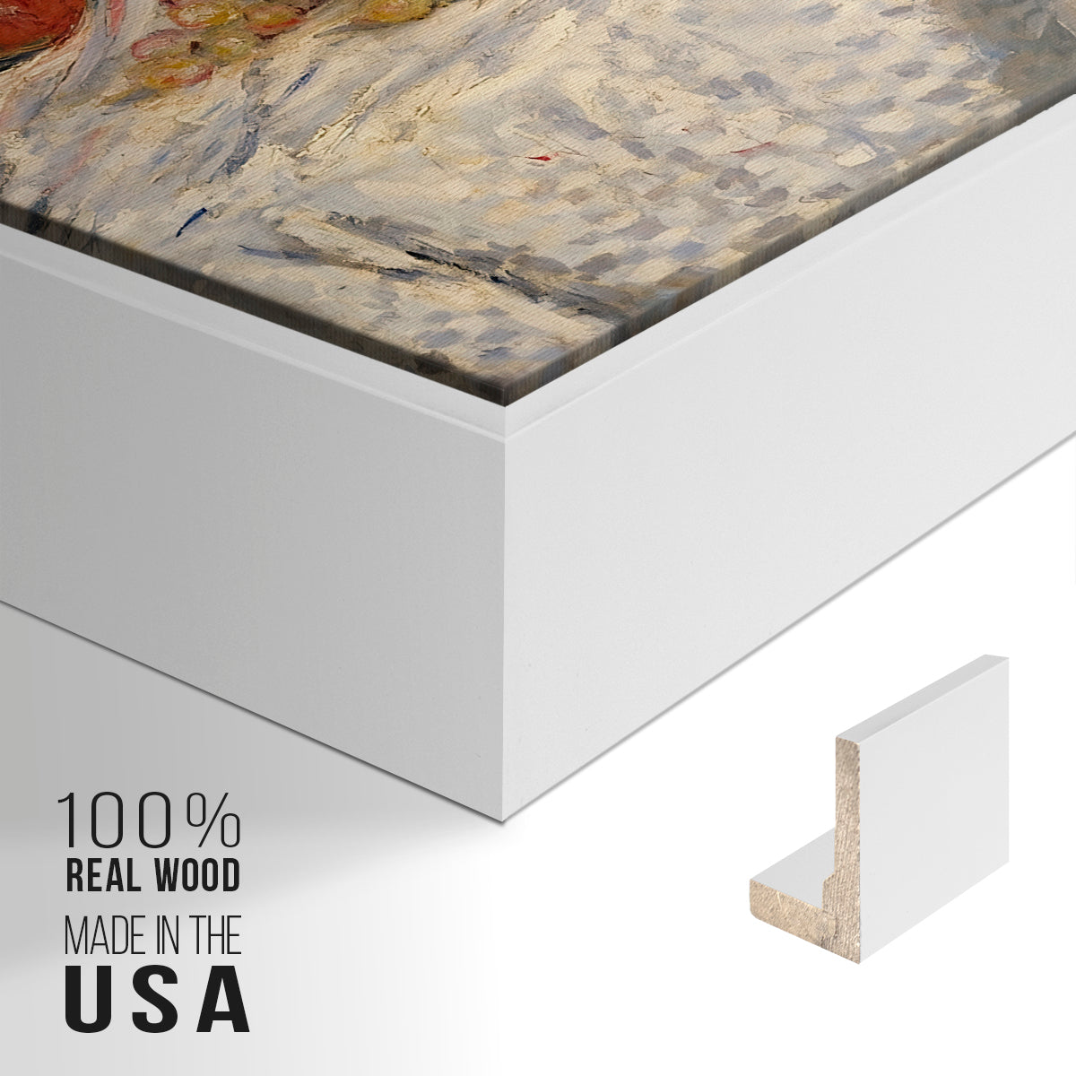 Close-up of the white floater frame corner and gallery wrapped canvas construction.