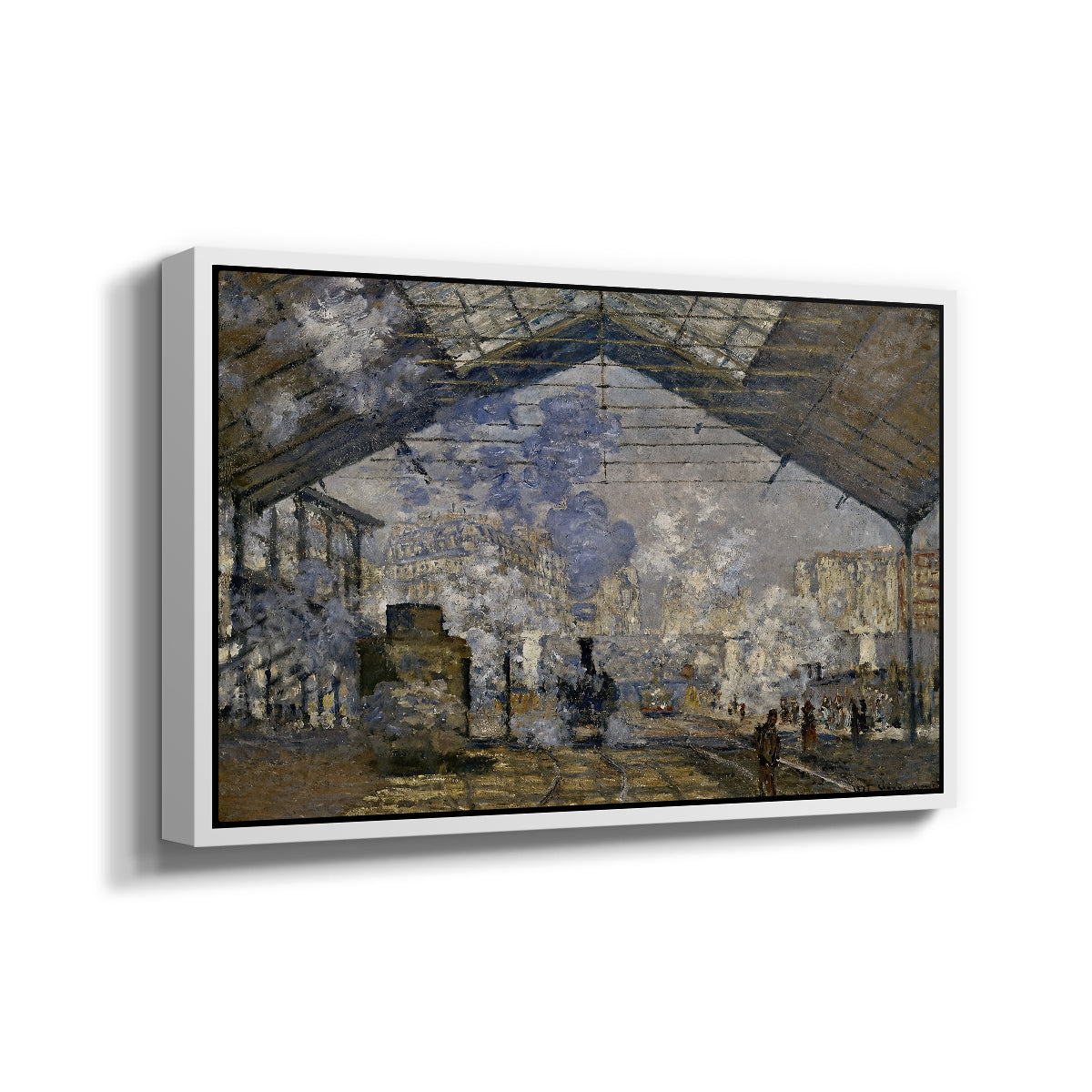 Angled view of The Gare Saint-Lazare, 1877 by Claude Monet in a white floater framed canvas.
