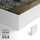 Close-up of the white floater frame corner and gallery wrapped canvas construction.