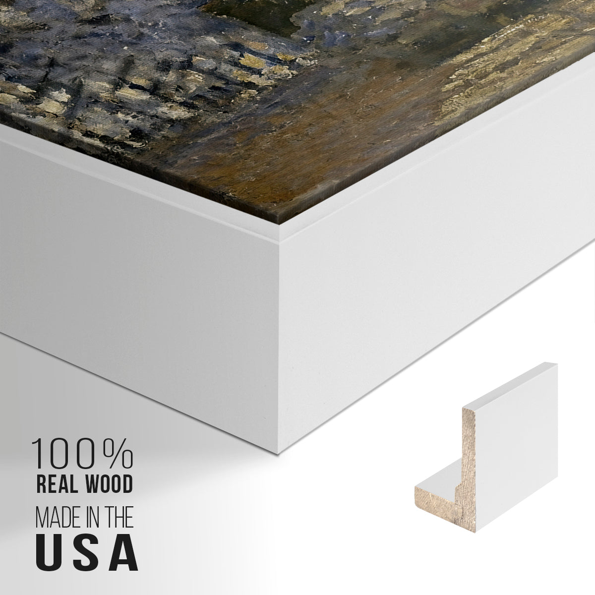 Close-up of the white floater frame corner and gallery wrapped canvas construction.