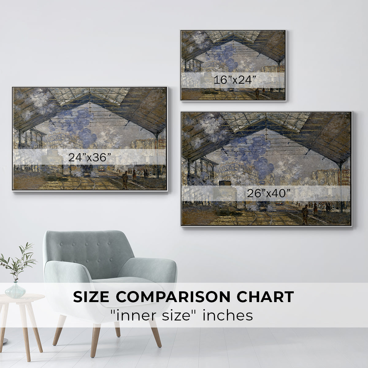 Size comparison chart for white floater framed canvas featuring The Gare Saint-Lazare, 1877 by Claude Monet.