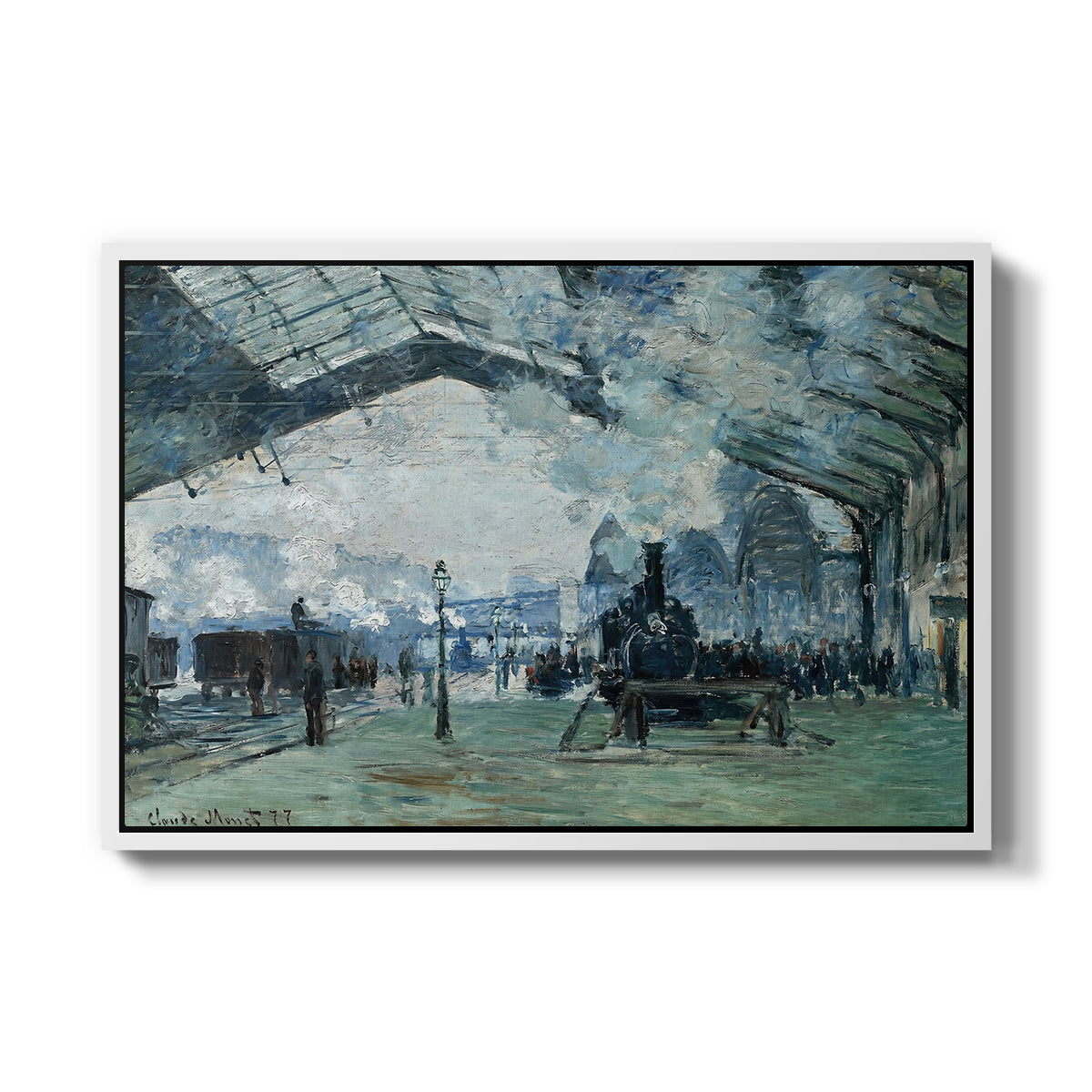 The Saint-Lazare Station, 1877 by Claude Monet in a white floater framed canvas wall art display.