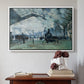 White floater framed canvas featuring The Saint-Lazare Station, 1877 by Claude Monet above an entryway table in a minimalist foyer.