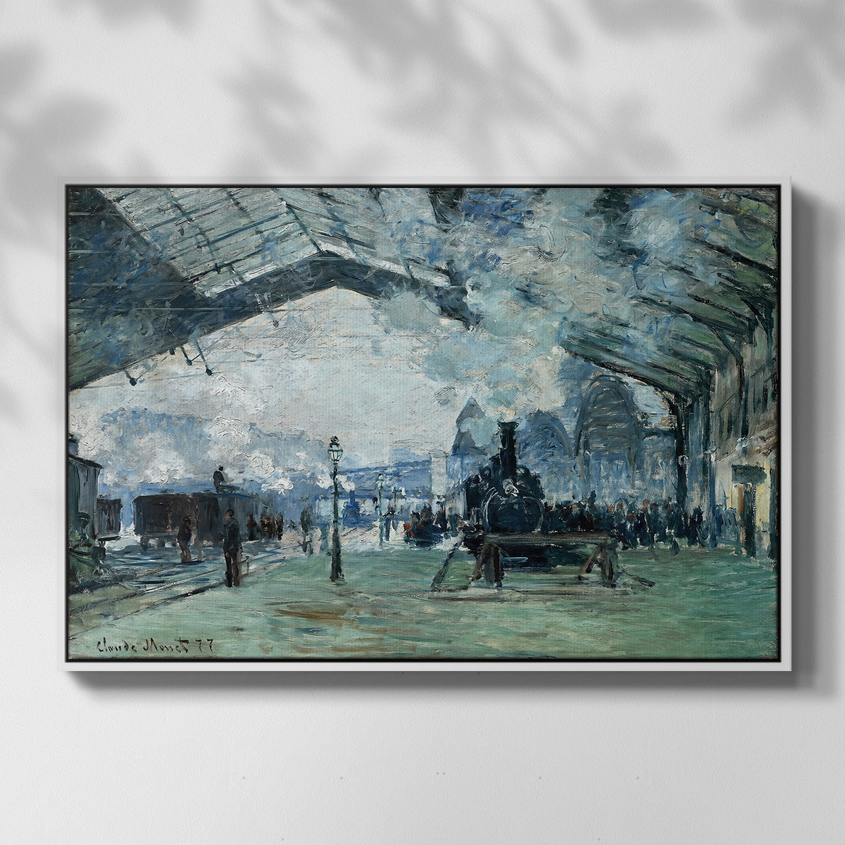 Front view of The Saint-Lazare Station, 1877 by Claude Monet in a white floater framed canvas.