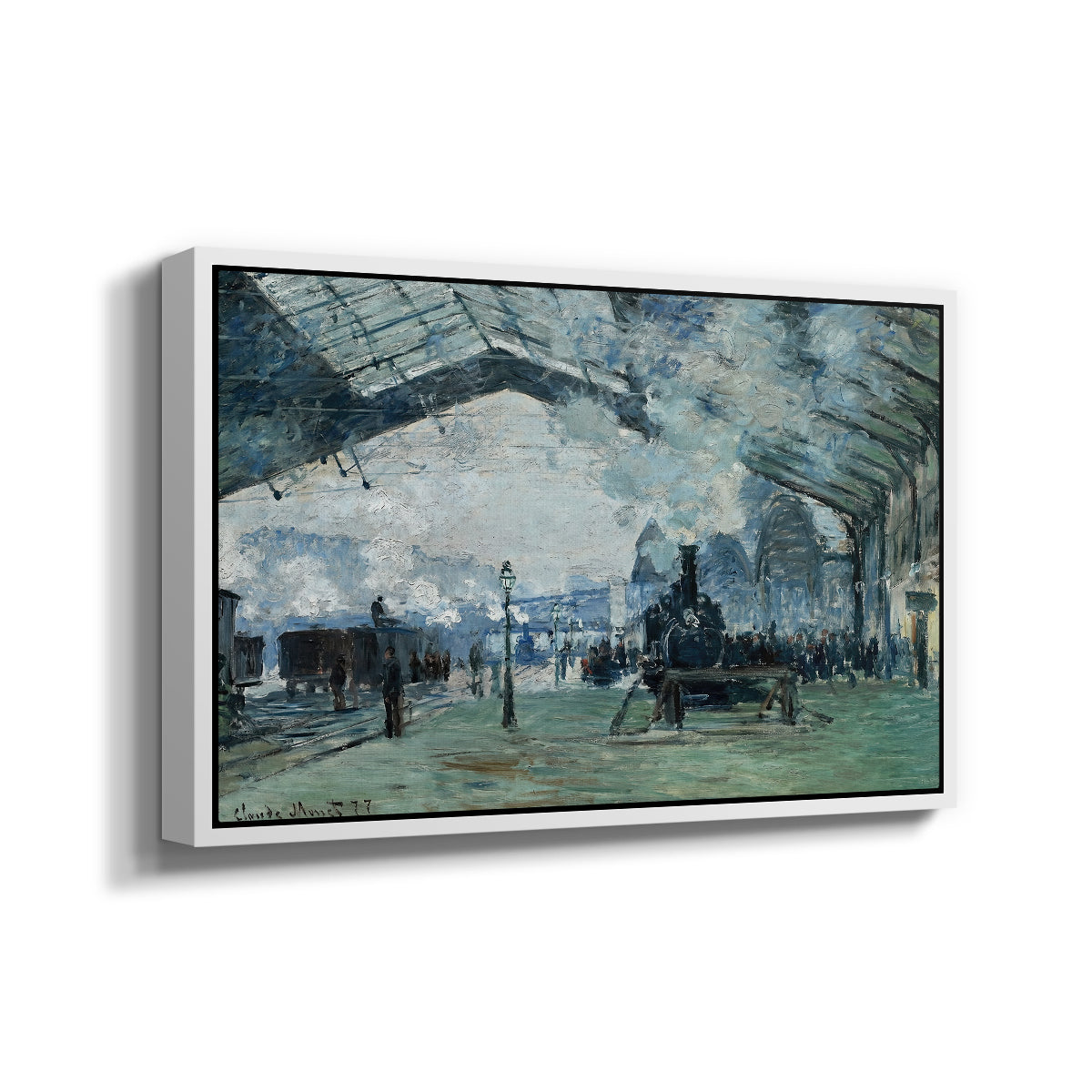 Angled view of The Saint-Lazare Station, 1877 by Claude Monet in a white floater framed canvas.
