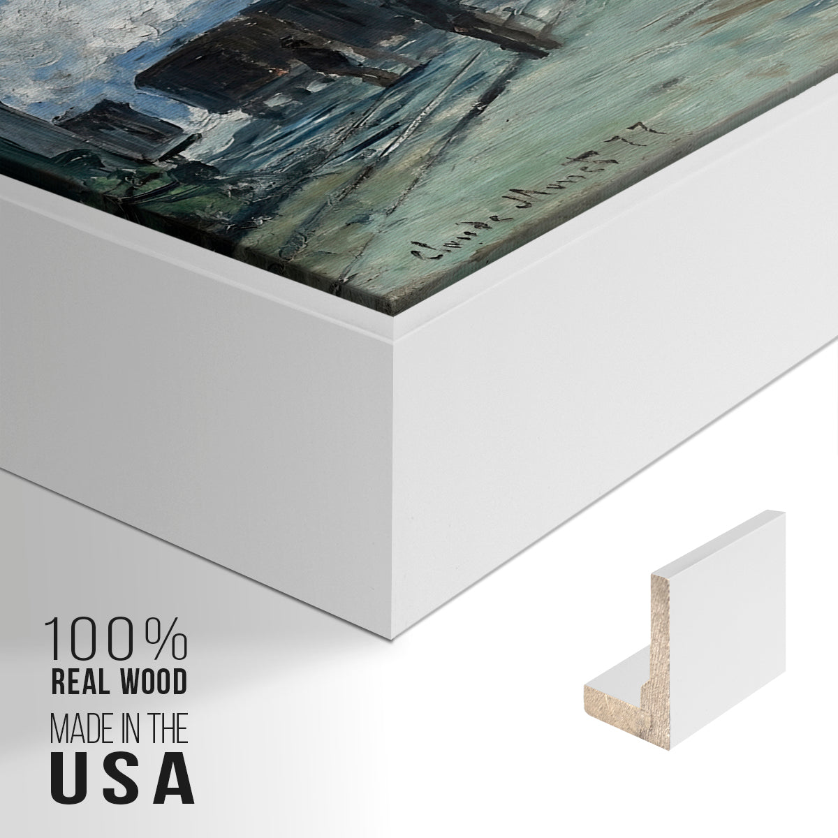Close-up of the white floater frame corner and gallery wrapped canvas construction.