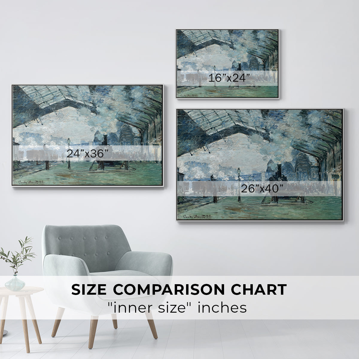 Size comparison chart for white floater framed canvas featuring The Saint-Lazare Station, 1877 by Claude Monet.
