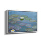 Angled view of Water Lilies (Nymphéas), 1897-1899 by Claude Monet in a white floater framed canvas.