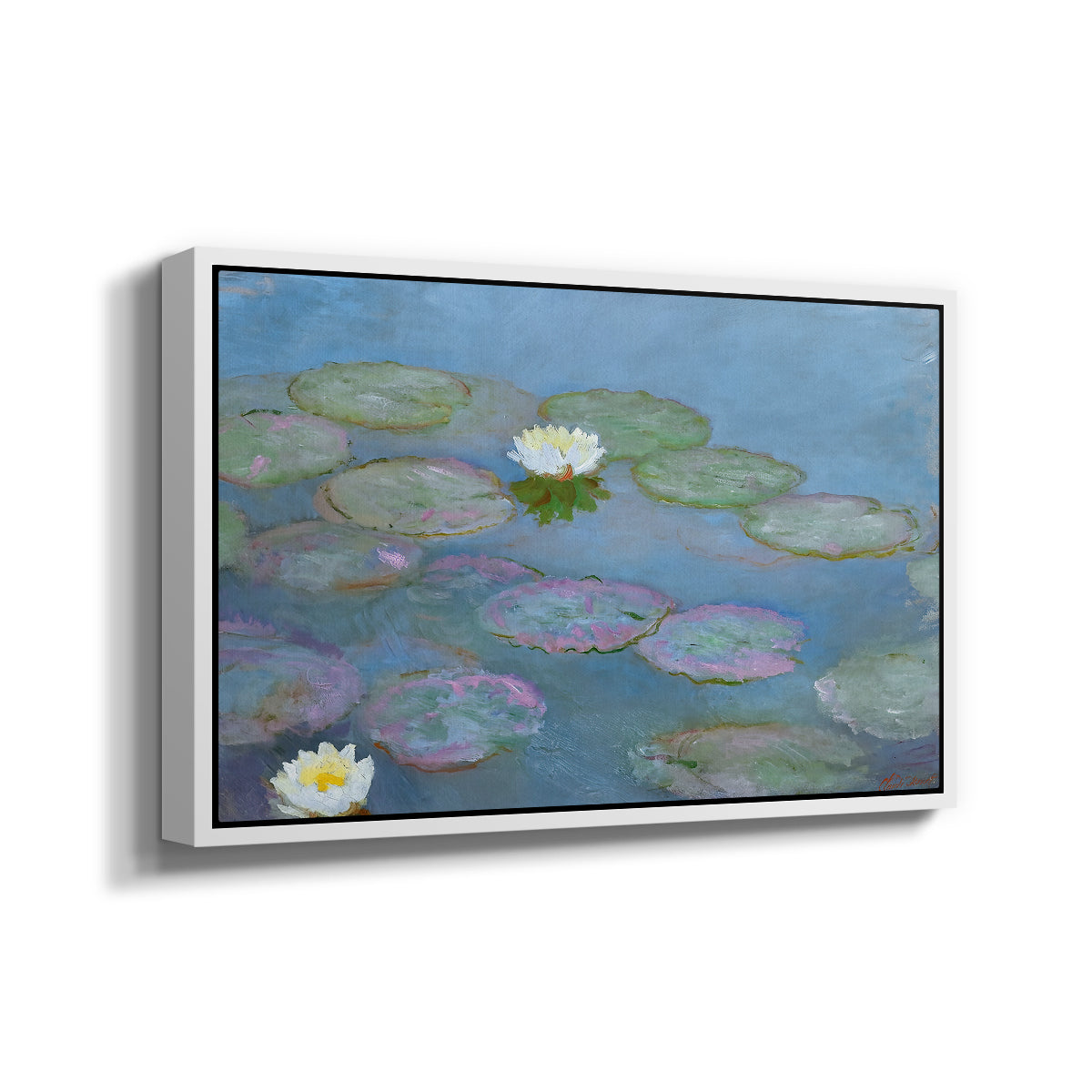 Angled view of Water Lilies (Nymphéas), 1897-1899 by Claude Monet in a white floater framed canvas.