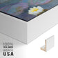 Close-up of the white floater frame corner and gallery wrapped canvas construction.