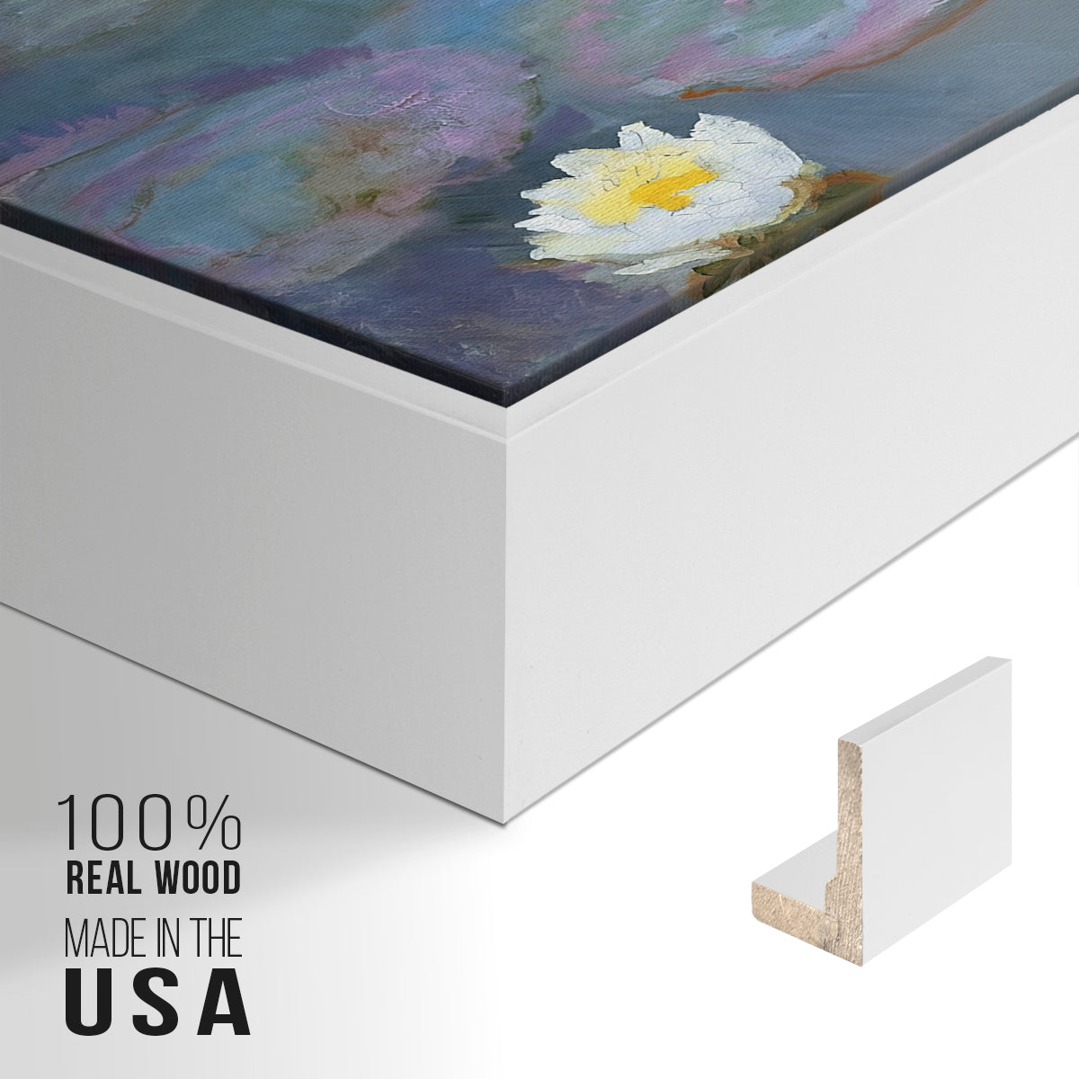Close-up of the white floater frame corner and gallery wrapped canvas construction.