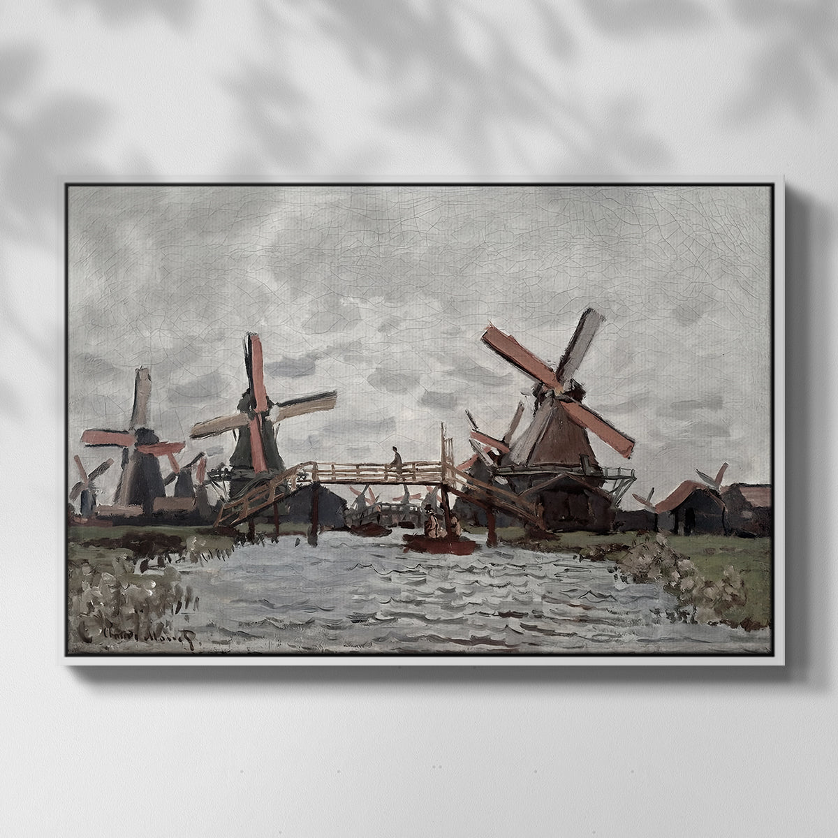 Front view of Windmills near Zaandam, 1871 by Claude Monet in a white floater framed canvas.