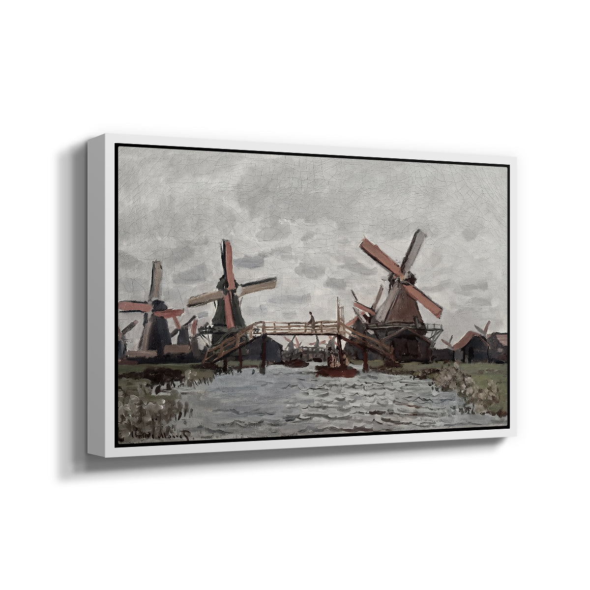 Angled view of Windmills near Zaandam, 1871 by Claude Monet in a white floater framed canvas.