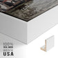 Close-up of the white floater frame corner and gallery wrapped canvas construction.
